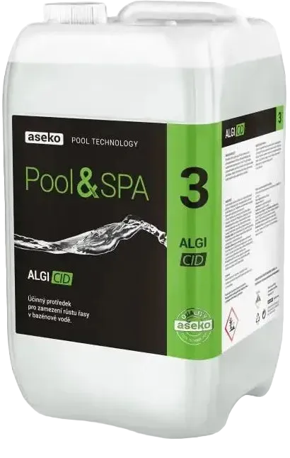 Vit plastbehållare med Aseko Pool & Spa Algi Cid algicid flytande 20l